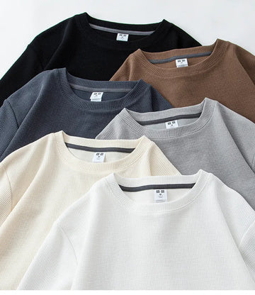 260G Men's Autumn Heavyweight Premium Waffle Basic T-shirt Long Sleeve Simple Solid Color Delicate White Tees Casual Daily Tops